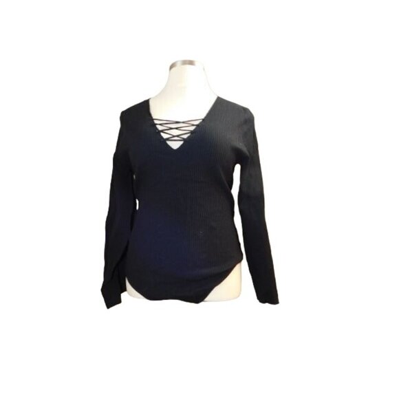 Heyson Size 1X Plus Size Black Ribbed STRETCH Knit Bodysuit Style Top - Picture 1 of 3